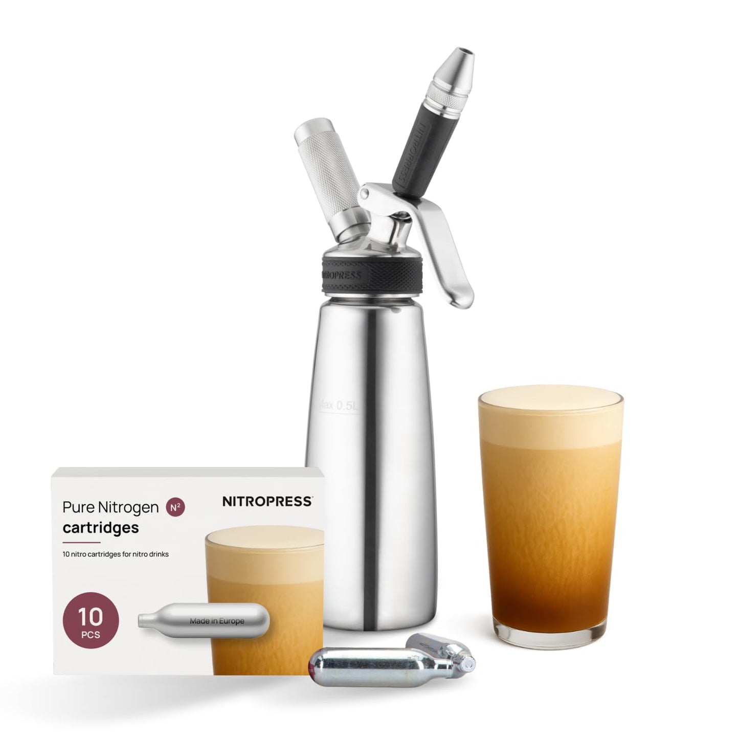 Original NitroPress - Nitro Cold Brew Coffee Maker Kit | Includes 10 Nitrogen Cartridges | Portable