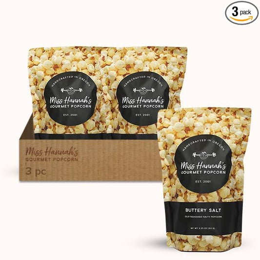 Miss Hannah's Gourmet Popcorn Buttery Salt - Classic Salty Popcorn, Light & Crisp | Vegan, Gluten-Free, Dairy-Free Snack - 13oz (3 Pack)