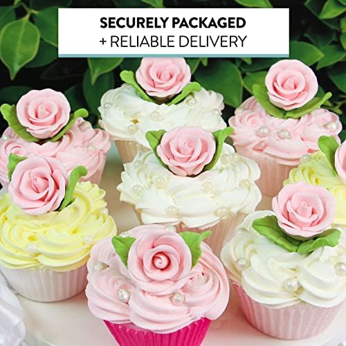 Global Sugar Art Premium Wedding Rose Edible Sugar Cake & Cupcake Flowers, Pink, 12 Count with Leaves by Chef Alan Tetreault