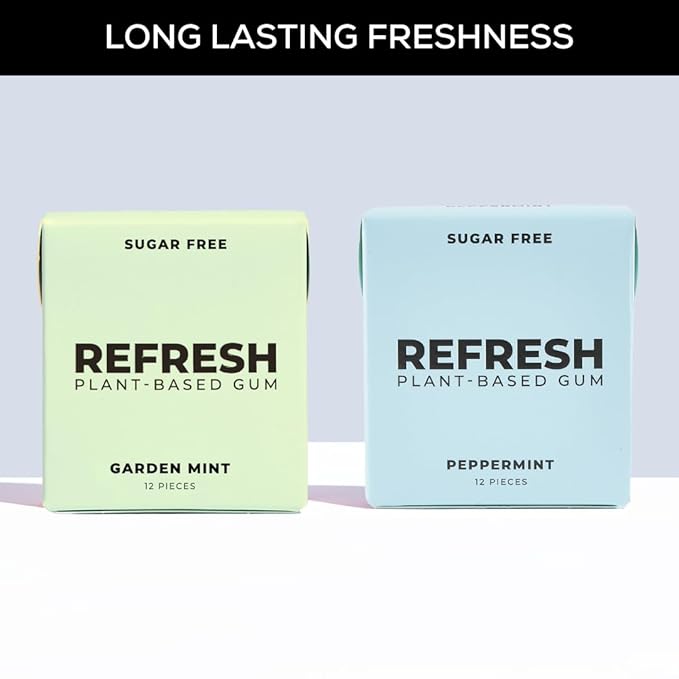Refresh Gum, Xylitol, Natural, Sugar Free, Long Lasting Chewing Gum, Plastic Free, Natural Flavors & Organic Ingredients, Non GMO, Gluten Free, Vegan, Peppermint & Garden Mint