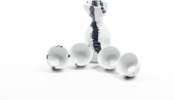 Arita Ceramic Sake Set [Made in Japan/Brush Stroke]: 1 Sake Carafe and 4 Sake Cups in Gift Box