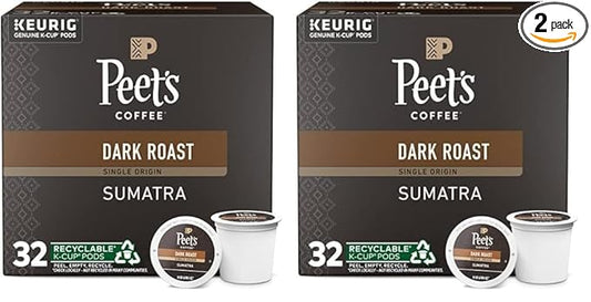 Peet's Coffee, Dark Roast Keurig K-Cup Pods - Single Origin Sumatra 64 Count (2 Boxes of 32 K-Cup Pods)