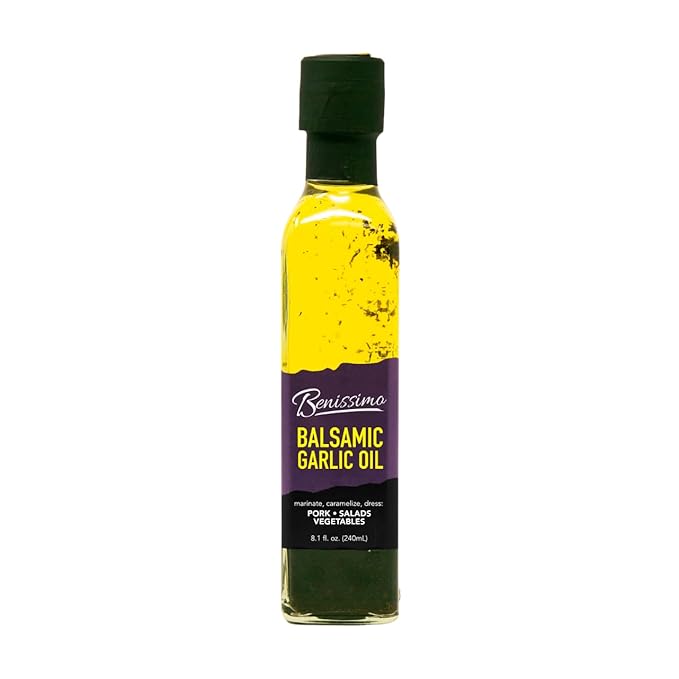 Benissimo Balsamic Garlic Herb Infused Oil & Vinegar Blend, All Natural Gourmet Blend with Bold Balsamic, Roasted Garlic, and Hand-Selected Herbs, Ideal for Drizzling, 8.1 fl oz