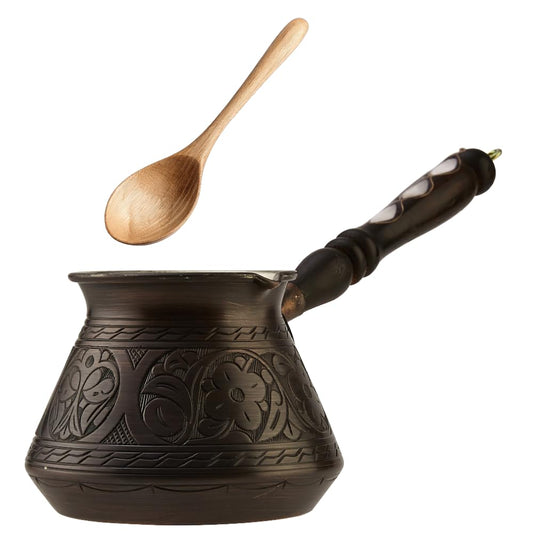 DEMMEX Copper Turkish Coffee Pot Cezve Ibrik Greek Coffee Briki Stovetop Coffee Maker with Wooden
