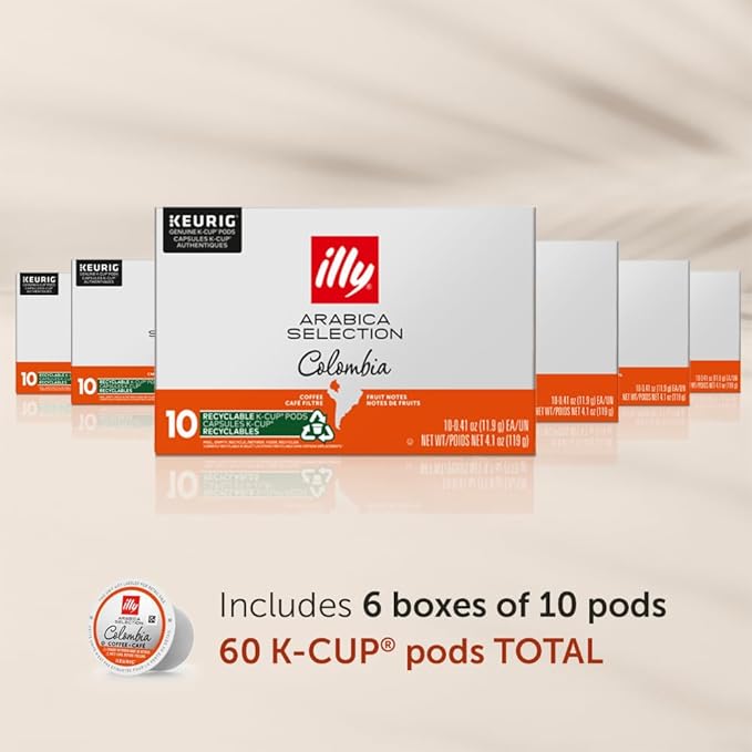 Illy Coffee K Cups - Pods For Keurig Machines – Colombia Medium Roast – Notes of Fruit - Bold, Flavorful & Full-Bodied Flavor - No Preservatives – 10 Count, 6 Pack