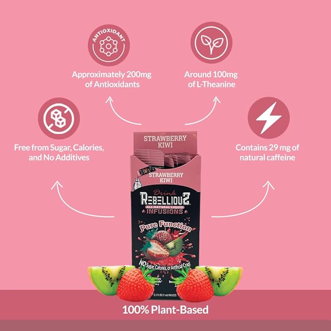 Rebellious Strawberry Kiwi Organic Drink Mix ??Organic 0 Calorie Energy Drink Mix | Monk Fruit & Green Tea Extract | L-Theanine + Natural Caffeine | 100% Plant-Based | 10 Packs | Keto, Gluten-Free