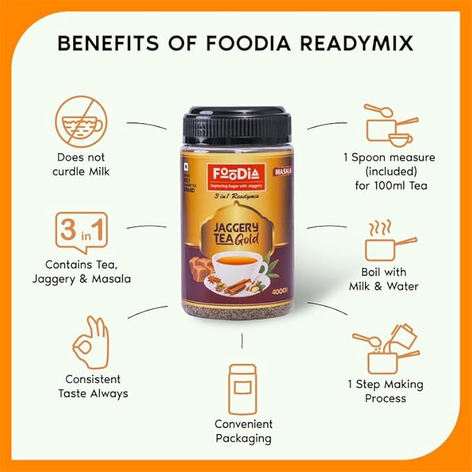 FOODIA Jaggery Masala GOLD Tea | 3 in 1 Premium Readymix with Jaggery, Tea Powder and Mix Masala Spices | 400gm