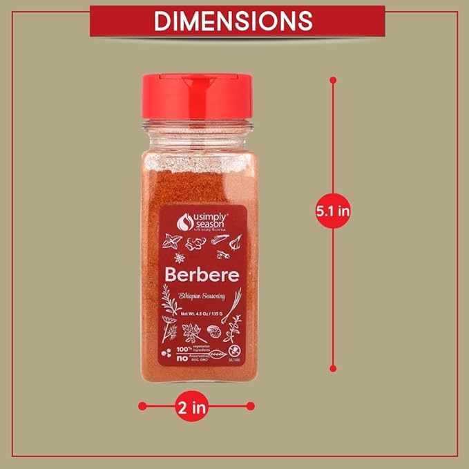 USimplySeason Berbere Spice, 4.8oz - Ethiopian Inspired Blend for Hearty Stews & Meats - Vegan, Non-GMO, Crafted in USA