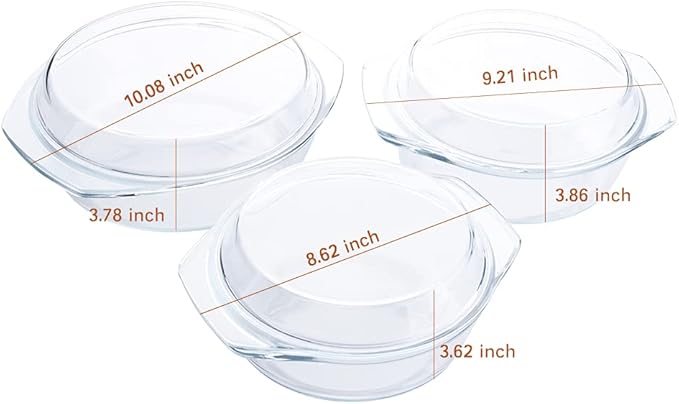 Set of 6 Pieces Round Tempered Glass Casserole Dish with Lids, Glass Casserole Baking Dish Set for Oven, Freezer and Dishwasher Safe - 1QT+1.5QT+1.8QT
