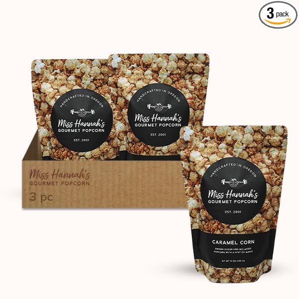Miss Hannah's Gourmet Caramel Corn - Classic Crunchy Popcorn with Brown Sugar, Molasses & Maple | Gluten-Free, Dairy-Free, Vegan Snack - 16oz (3 Pack)