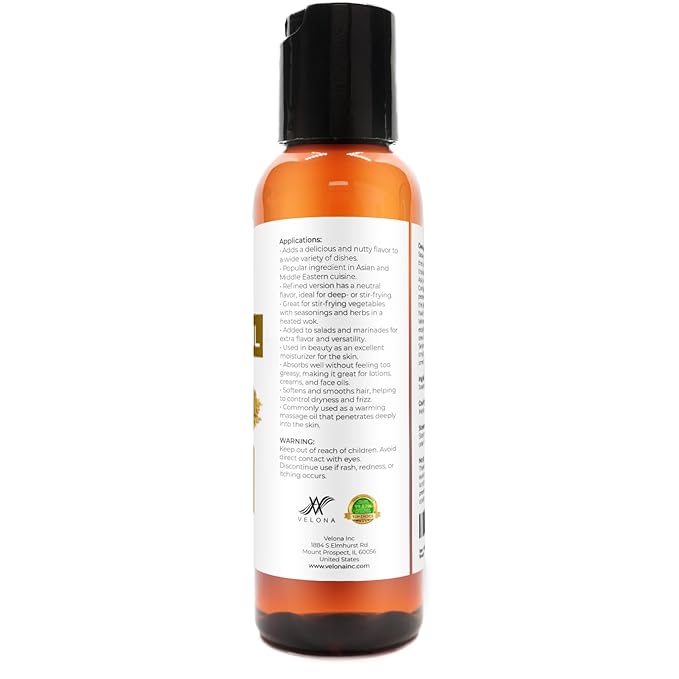Sesame Seed Oil by Velona - 2 fl oz | 100% Pure and Natural Carrier Oil | Refined, Expeller Pressed | Cooking, Skin, Hair, Body & Face Moisturizing | Use Today - Enjoy Results