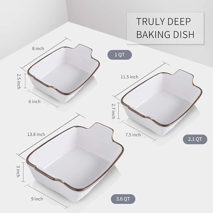 KOOV Bakeware Set, Ceramic Baking Dish Set, Rectangular Casserole Dish Set, Lasagna Pans for Cooking, Cake Dinner, Kitchen, 9 x 13 Inches, Texture Series 3-Piece (White)