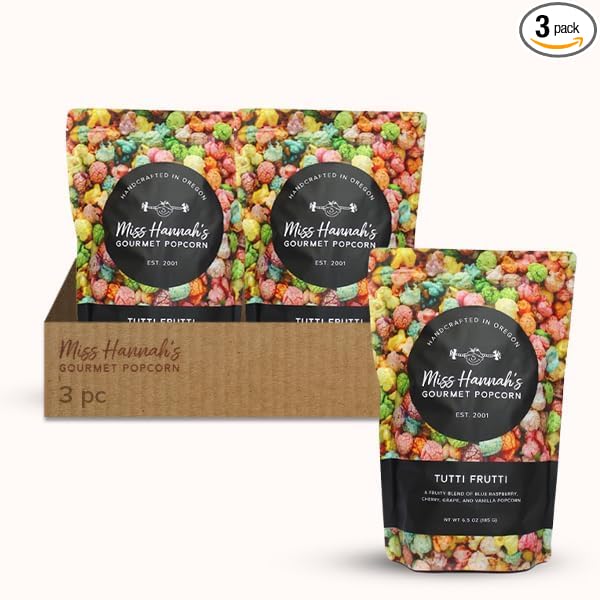 Miss Hannah's Gourmet Tutti Frutti Popcorn - Colorful & Flavorful Snack Blend with Blue Raspberry, Cherry, Grape & Vanilla | Sweet Gourmet Popcorn Treat - 16oz (3 Pack)