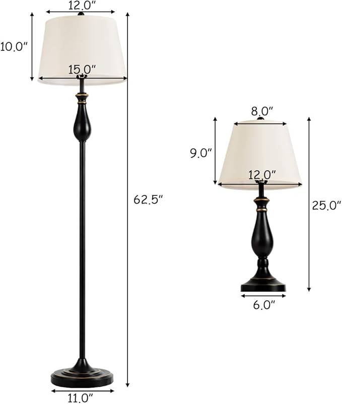 Tangkula 3-Piece Vintage Metal Base Table and Floor Lamp Set, Modern Lamp Set with Fabric Shade for Living Room, Bedroom - Matt Black Finish