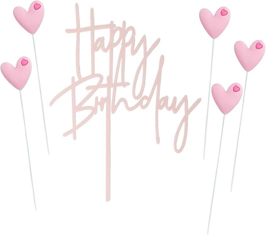 ZHENGYE Pink Happy Birthday Cake Topper Sign And 5 Pink Love Cake Toppers Cake Topper Decoration For Cake Birthday Decorations