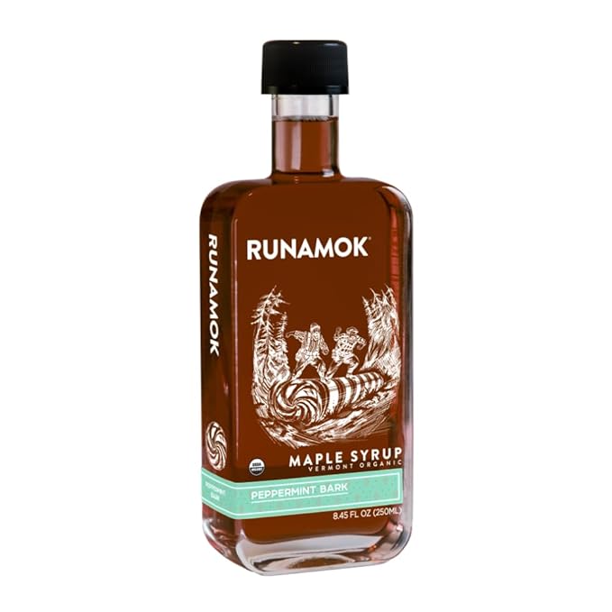 Runamok Maple Peppermint Bark Infused Maple Syrup - Authentic & Real Vermont Maple Syrup | Gluten Free & Natural Sweetener | Great Christmas Holiday Gift for Foodies! Breakfast, Coffee, Pancakes Maple Syrup | 8.45 Fl Oz (250mL)