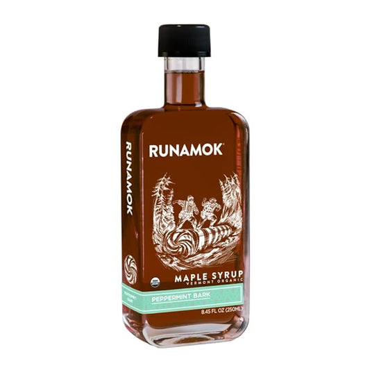 Runamok Maple Peppermint Bark Infused Maple Syrup - Authentic & Real Vermont Maple Syrup | Gluten Free & Natural Sweetener | Great Christmas Holiday Gift for Foodies! Breakfast, Coffee, Pancakes Maple Syrup | 8.45 Fl Oz (250mL)