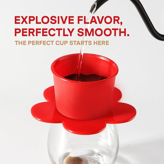 Pour Over Coffee Dripper - Vietnamese Phin Filter ??Single Cup Coffee Maker 1-2 Cup with Flower Design ??Plastic Reusable Coffee Filter for Manual Brewing, Travel Friendly (Red)