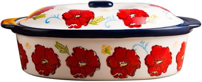 Floral Ceramic Casserole Dish with Lid,44oz Covered Rectangular Baking Dish,Deep Casserole Cookware Bakeware,Oven Safe and Dishwash Safe