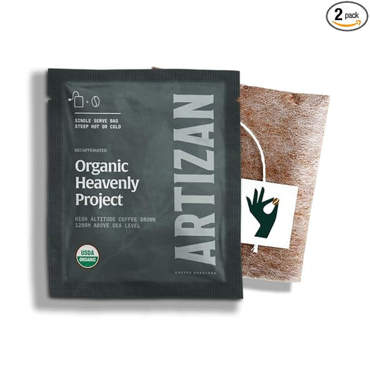 Artizan Organic Single-Serve Heavenly Project Swiss Water Decaf Coffee Bags | Full City Plus Roast | 20 Count | No Equipment Needed | Specialty-Grade Craft Roasted, Nitro-Sealed, Compostable