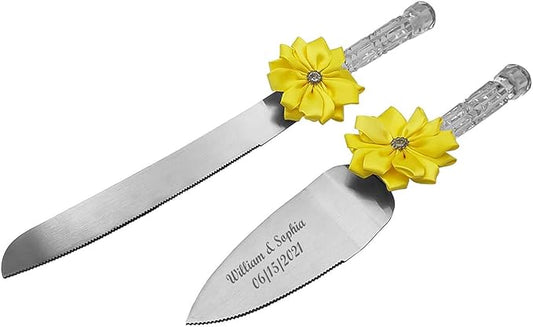 GIFTS INFINITY® Personalized Wedding Cake Knife and Server Set Free Engraving (Lime Yellow) - Valentine's Day Gift