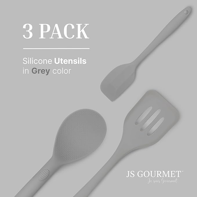 Silicone Utensils 3-Piece Set ??Rubber Spatula, Slotted Turner, and Rice Paddle ??Complete Heat-Resistant Set for Non-Stick Cookware ??Kitchen Tools and Accessories for Cooking & Baking ??Grey