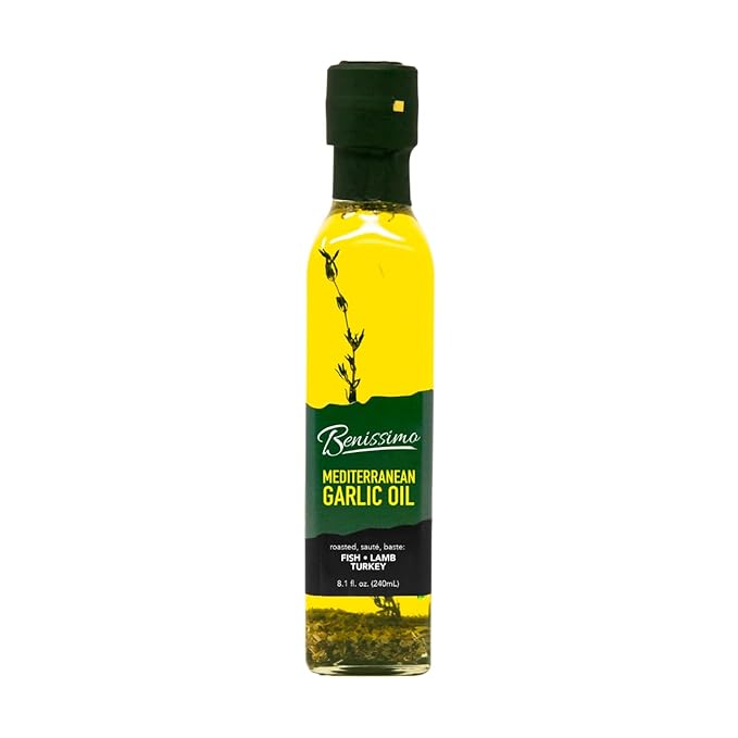 Benissimo Mediterranean Garlic Infused Oil, All Natural Gourmet Cooking Oil with Fragrant Mediterranean Herb Blend, Ideal for Dipping, Sautéing, Drizzling, 8.1 fl oz