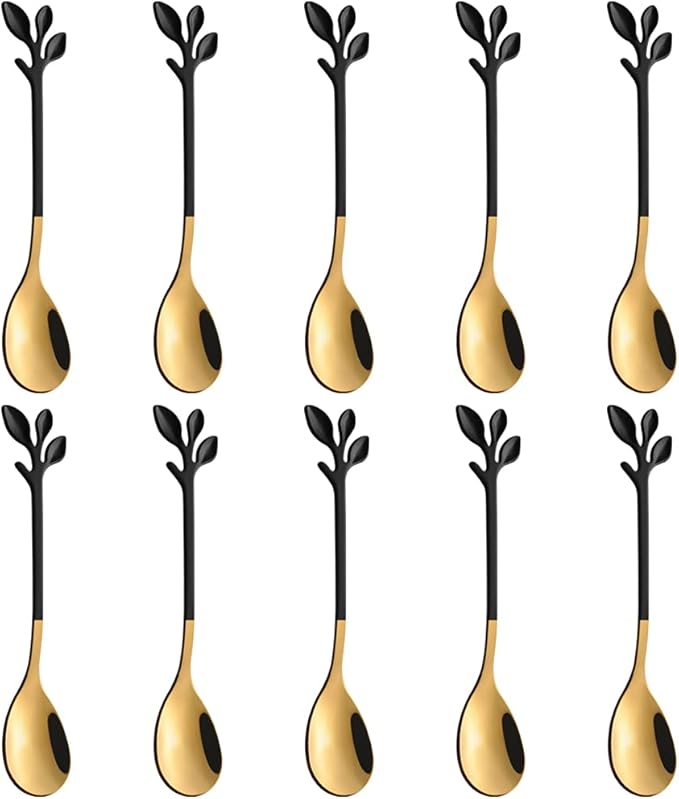 AnSaw Small Coffee Spoon Holder Set,Black Swan Base With 10 Pcs Black & Gold Demitasse Espresso Spoons Set,4.7" Mini Leaf Dessert Spoon,Stainless Steel Tea Spoons