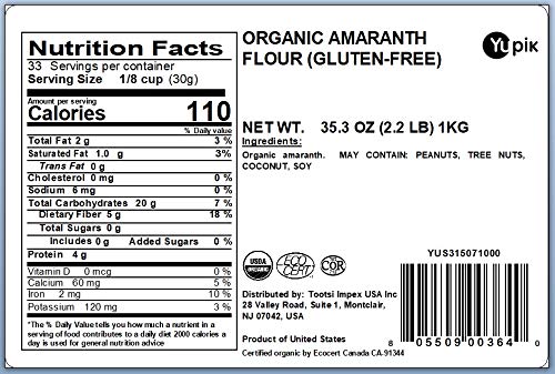 Yupik Organic Amaranth Flour 2.2 lb (35.2 oz), USDA Certified, Gluten-Free, Non-GMO, Vegan, Kosher, Finely Milled Nutty Flour, Non-Flavoured, Ideal for Baking & Cooking