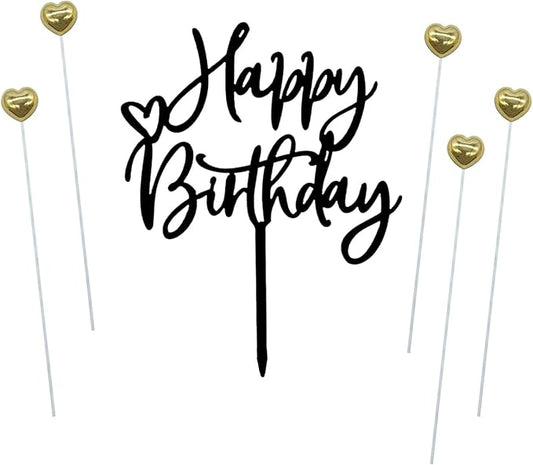 ZHENGYE Set of 1 Black Acrylic Happy Birthday Cake Topper And 5 Pieces Gold Heart-Shaped Cupcake Topper Cake Decoration Supplies for Baby Shower Birthday Decorations(Black 16)