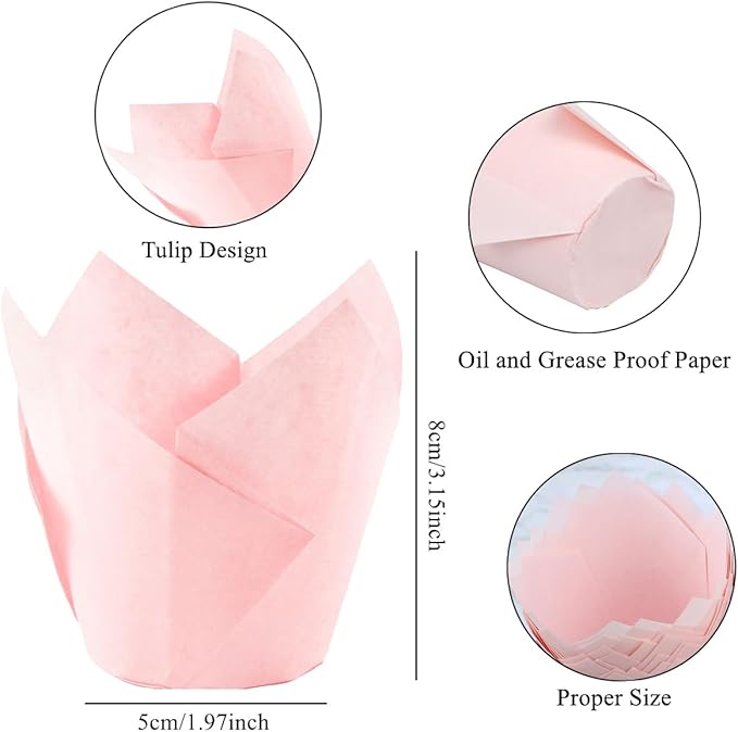 200 Pieces Tulip Cupcake Muffin Liners Greaseproof Paper Baking Cups Cupcake Wrappers for Birthday Wedding Party Baby Showers Catering Restaurants(Pink)