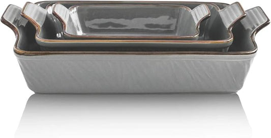 KOOV Bakeware Set, Ceramic Baking Dish Set, Rectangular Casserole Dish Set, Lasagna Pans for Cooking, Cake Dinner, Kitchen, 9 x 13 Inches, Texture Series 3-Piece (3 Piece, Cloudy Grey)