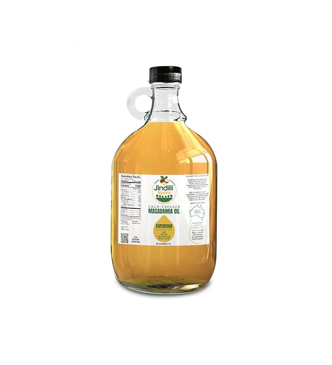 Jindilli Farms Macadamia Nut Cooking Oil- Australian Pure Cold Pressed, Unrefined, Natural Cooking Oil, High Smoke Point for Frying, Non GMO, Vegan, Keto Friendly and Gluten Free (64 fl oz)