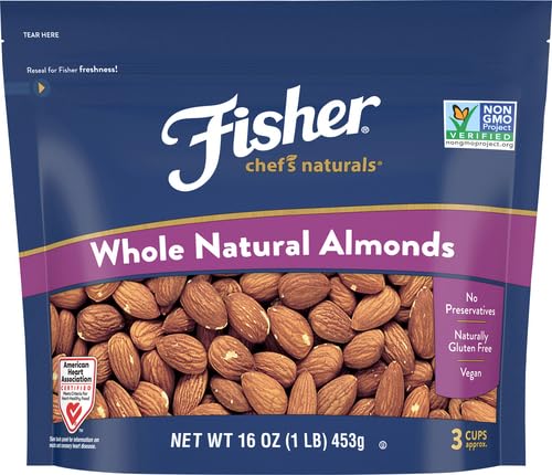 Fisher Chef's Naturals Unsalted Whole Almonds 16oz Resealable Bag, Raw Nuts Perfect for Cooking, Baking & Snacking, Healthy Snacks for Adults, Vegan Protein, Keto Snack, Gluten Free