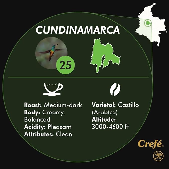 Crefé 100% Colombian Specialty Instant Coffee. 8 packets make 8 cups (8 FL OZ each). Region of Origin: Cundinamarca. Medium Dark Roast. Mild, Not Strong