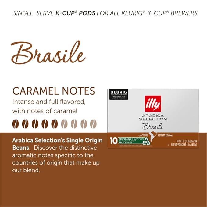 Illy Coffee K Cups - Pods For Keurig Machines – Brasile Bold Roast – Notes of Caramel – Intense & Full-Flavored Flavor - No Preservatives – 10 Count, 6 Pack