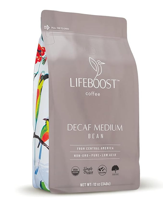 Lifeboost Medium Roast Decaf Coffee Beans ??Organic Low Acid Swiss Water Decaf ??Whole Bean Coffee ??Third Party Tested for Mycotoxins & Pesticides ??Chemical Free ??12 oz