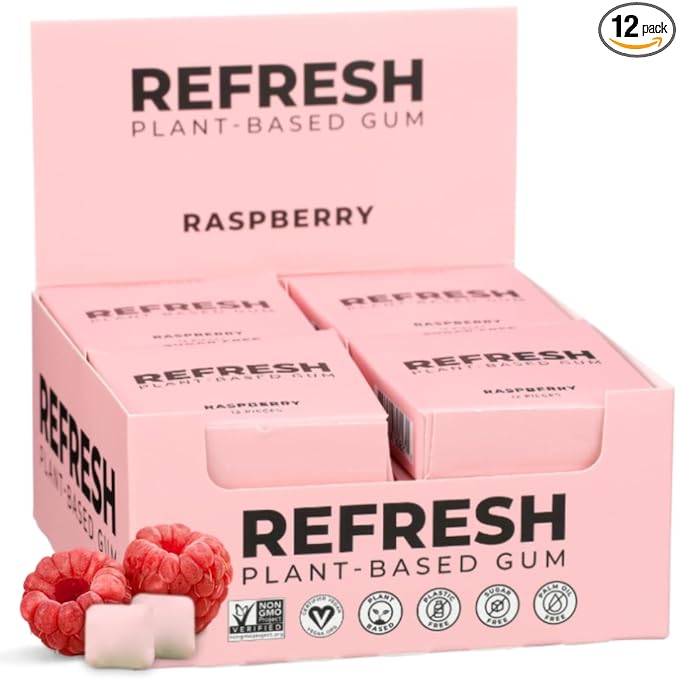 Refresh Gum, Xylitol, Natural, Sugar Free, Long Lasting, Plastic Free, Natural Flavors & Organic Ingredients, Plant-Based, Low Calorie, Non GMO, Gluten Free, Vegan, Raspberry Flavor, 12 Pcs, 12 Pack