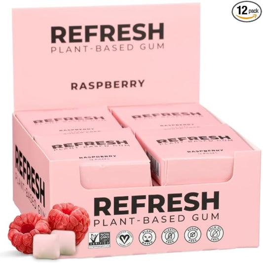 Refresh Gum, Xylitol, Natural, Sugar Free, Long Lasting, Plastic Free, Natural Flavors & Organic Ingredients, Plant-Based, Low Calorie, Non GMO, Gluten Free, Vegan, Raspberry Flavor, 12 Pcs, 12 Pack