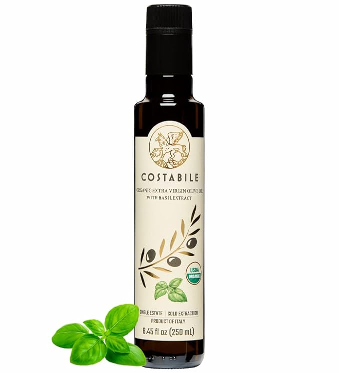 Basil Olive Oil Organic from Puglia, Italy. Basil Infused Extra Virgin Olive Oil from a single source. Perfect for Salad Dressing - COSTABILE 8.45 Fl. Oz.