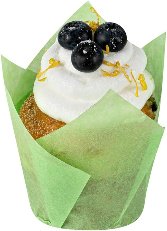 Restaurantware Panificio Premium 4 oz Green Paper Tulip Baking Cup: Paper Baking Cups Perfect for Muffins Cupcakes or Mini Snacks - Greaseproof - Disposable and Recyclable - 200ct Box