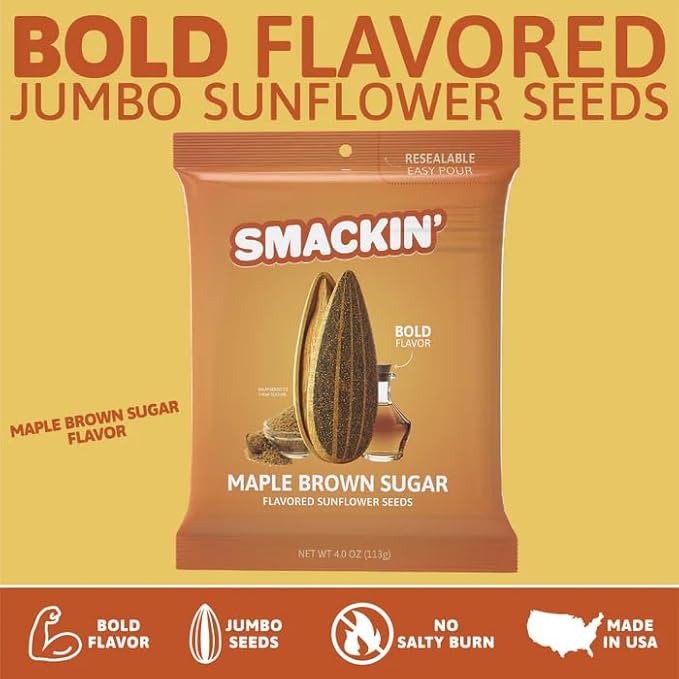 SMACKIN' Sunflower Seeds, Roasted Jumbo Small-Batch, American Made - Maple Brown Sugar. 4oz bags (12 Pack)