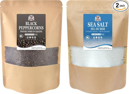 52USA Black Peppercorns 12 oz and Coarse Sea Salt 2 lbs, Salt and Pepper for Grinder Refill, Whole Peppercorns