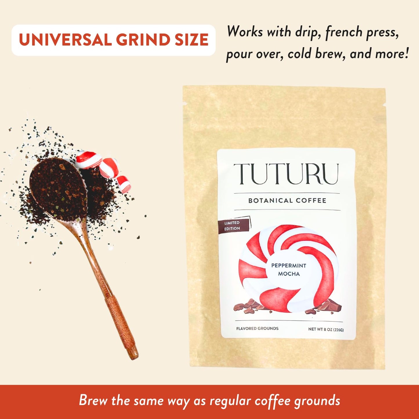 Organic Peppermint Mocha Ground Coffee - Real Peppermint & Cacao - Medium Roast, Flavored Coffee - Smooth Low-Acid - Perfect for Drip, Pour Over or Cold Brew - 8 oz, 22 Servings