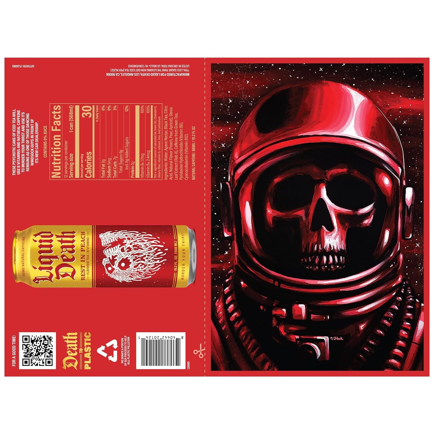 Liquid Death Iced Tea - Rest In Peach (Peach-Flavored Black Tea), Less Sugar, Boost of Caffeine, B Vitamins, No Artificial Sweeteners, King Size 19.2 Fl Oz (Pack of 12)