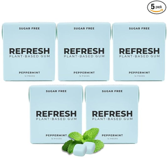 Refresh Gum Fruit Variety Pack – Xylitol, Sugar Free Chewing Gum, Natural Flavor & Organic Ingredients – Long Lasting, Plant-Based, Non-GMO – 12 Pieces, 5 Pack (12 Count (Pack of 5), Peppermint)
