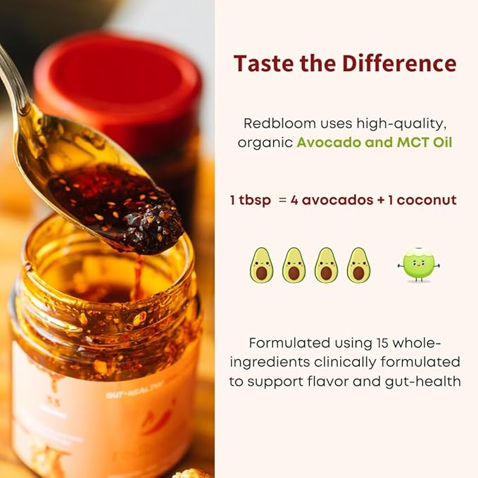 Redbloom Gut-Healthy Chili Crisp - Organic Chili Oil, No Seed Oils, Low-Fodmap, Vegan, Crunchy Hot Sauce, Good on Everything, 6oz (Pack of 1) - Mild Umami