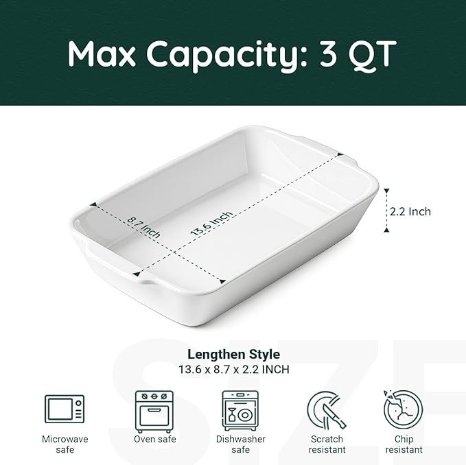 Casserole Dish with Roasting Racks, 3 QT Baking Dish with Handles, White Bakeware, Ceramic Baking Pan, Microwave Oven Safe, Dinner, Wedding ç«?3.6"*8.7"ç«?,<div>