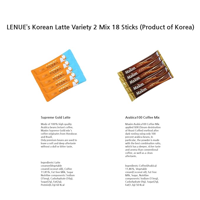 Korean Latte - Korean 3 in 1 Instant Coffee Variety Sample Packets with Gift Box Set, Maxim Supreme Gold Maxim instant Coffee 2 Mix Combination 18 Sticks