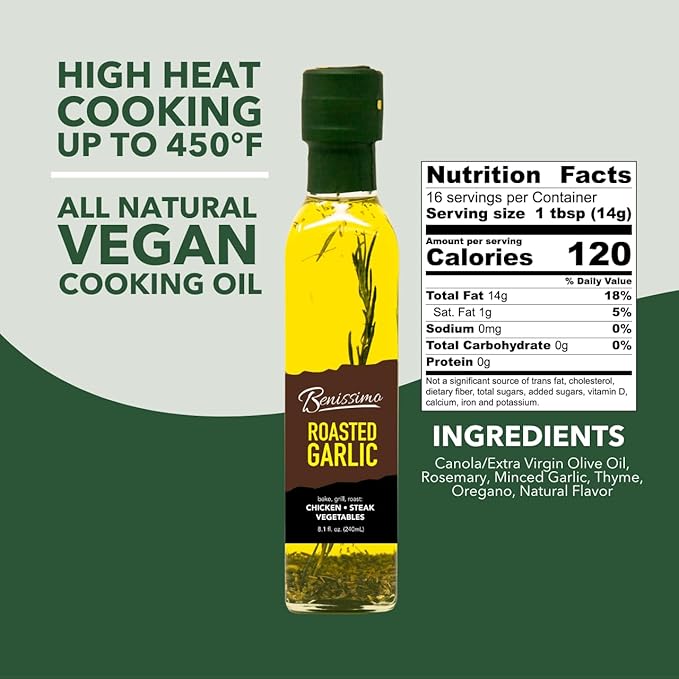 Benissimo Roasted Garlic Herb Infused Oil, All Natural Gourmet Cooking Oil with Slow-Roasted Garlic and Aromatic Herbs, Perfect for Sautéing, Dipping, Drizzling, 8.1 fl oz
